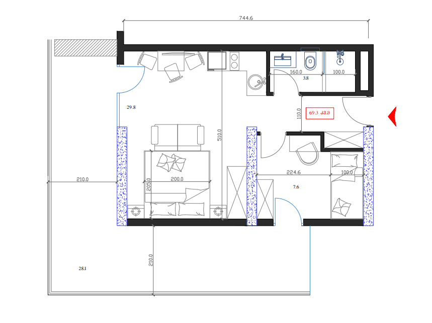 1-room, 69.3 m², Floor 8