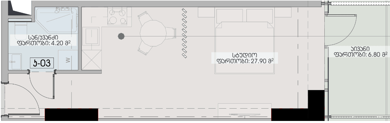 Studio, 38.9 m², Floor 22