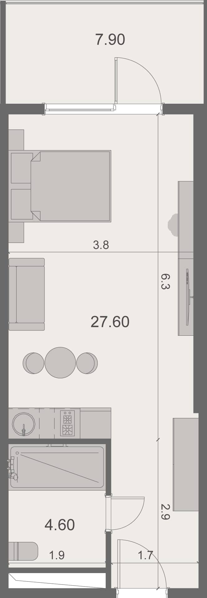 {{roomApartmentOrStudio}}, 40.1 მ², 13 სართული, Stay & Rent ბათუმში