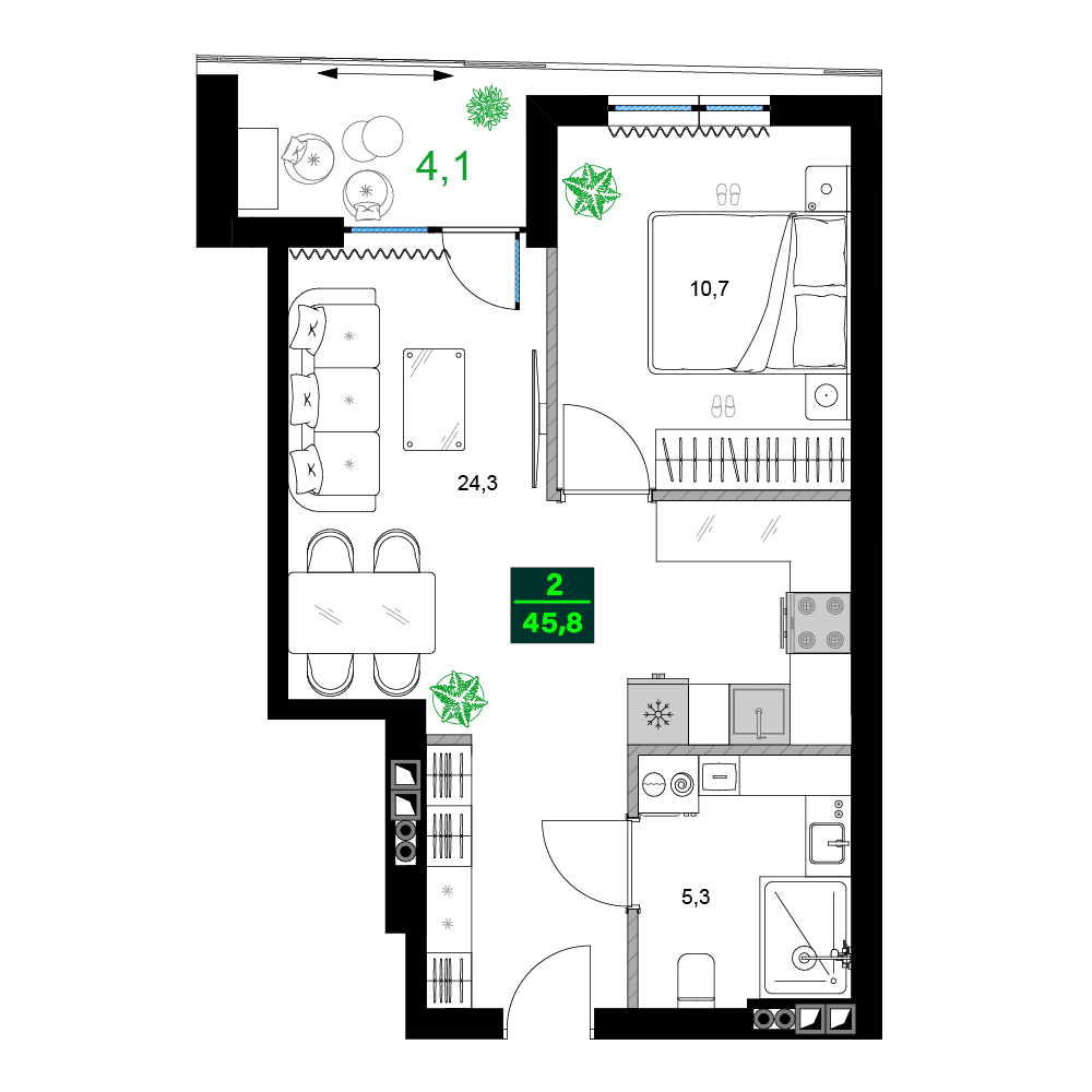2-комн, 45.8 м², этаж 6