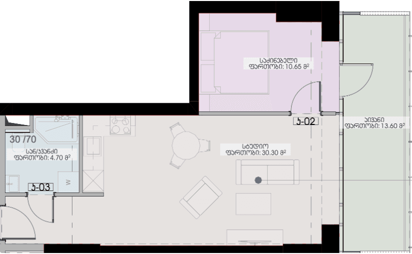 {{roomApartmentOrStudio}}, 59.25 მ², 31 სართული, Geuz Towers ბათუმში