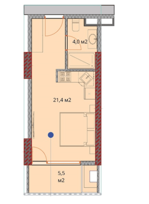 Studio, 31.3 m², Floor 20