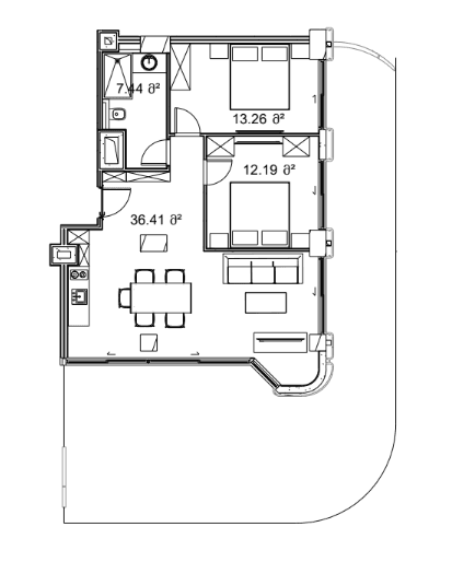 2-room, 133.9 m², Floor 7