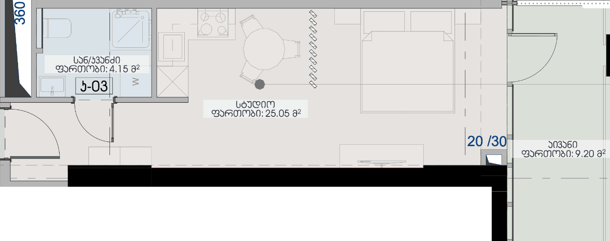 Studio, 38.4 m², Floor 20