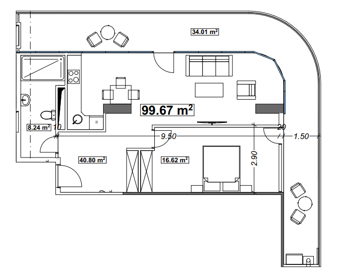 1-комн, 99.7 м², этаж 12