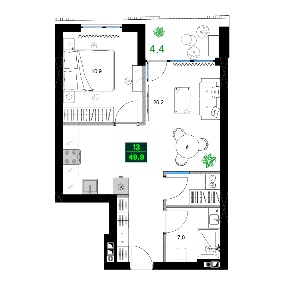 2-комн, 49.9 м², этаж 8