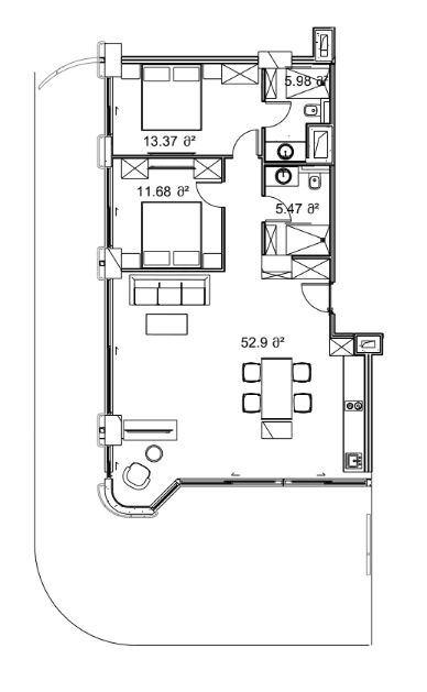 2-room, 160.6 m², Floor 4
