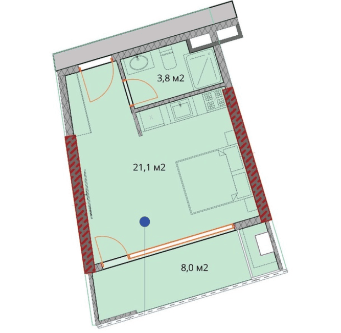 Studio, 33.4 m², Floor 20