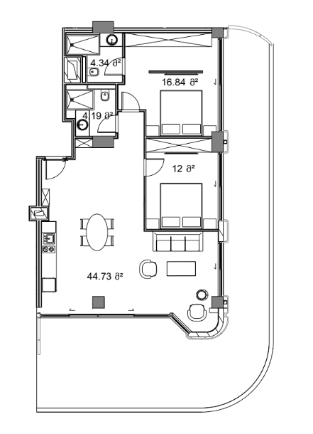 2-room, 154.9 m², Floor 2