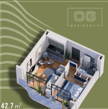 {{roomApartmentOrStudio}}, 42.7 м², 3 этаж в ЖК "OG Residence"