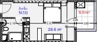 სტუდიო, 34.6 მ², სართული 3