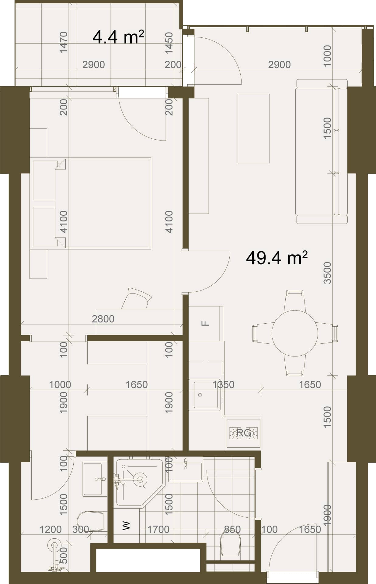 شقة بغرفة واحدة, 53.8 م²