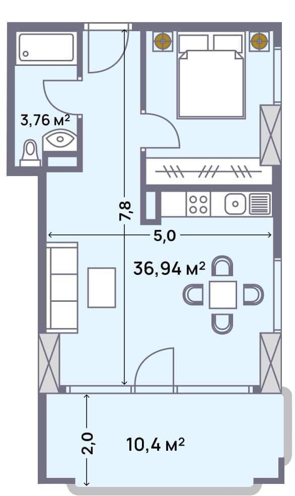 1-room, 51.1 m², Floor 19