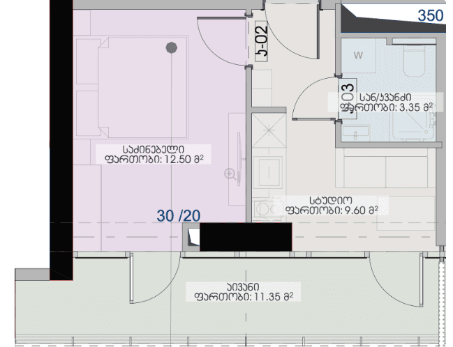 {{roomApartmentOrStudio}}, 36.8 მ², 13 სართული, Geuz Towers ბათუმში