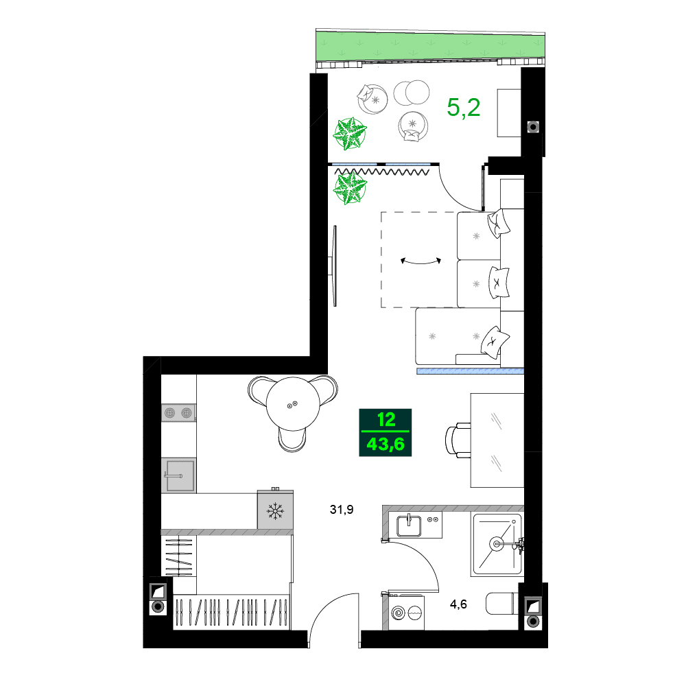 2-комн, 43.6 м², этаж 12