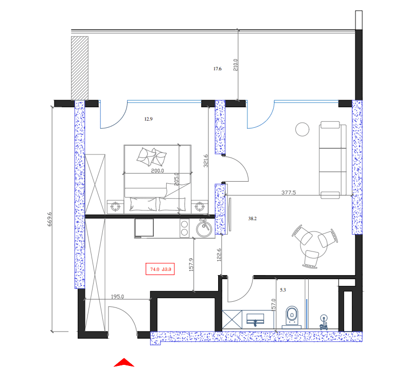 1-room, 74 m², Floor 7
