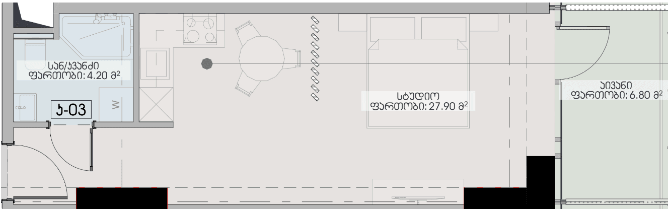 Studio, 38.9 m², Floor 27