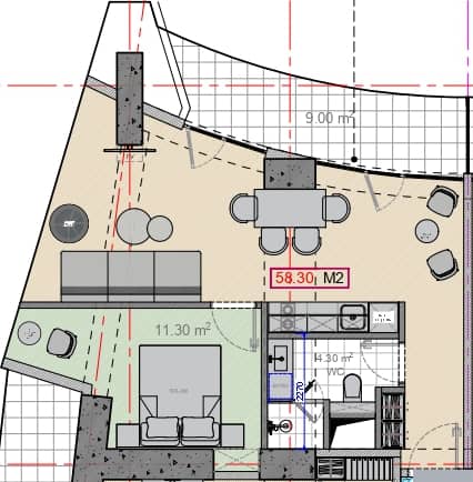 1-room, 58.3 m²