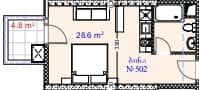 სტუდიო, 33.4 მ², სართული 5
