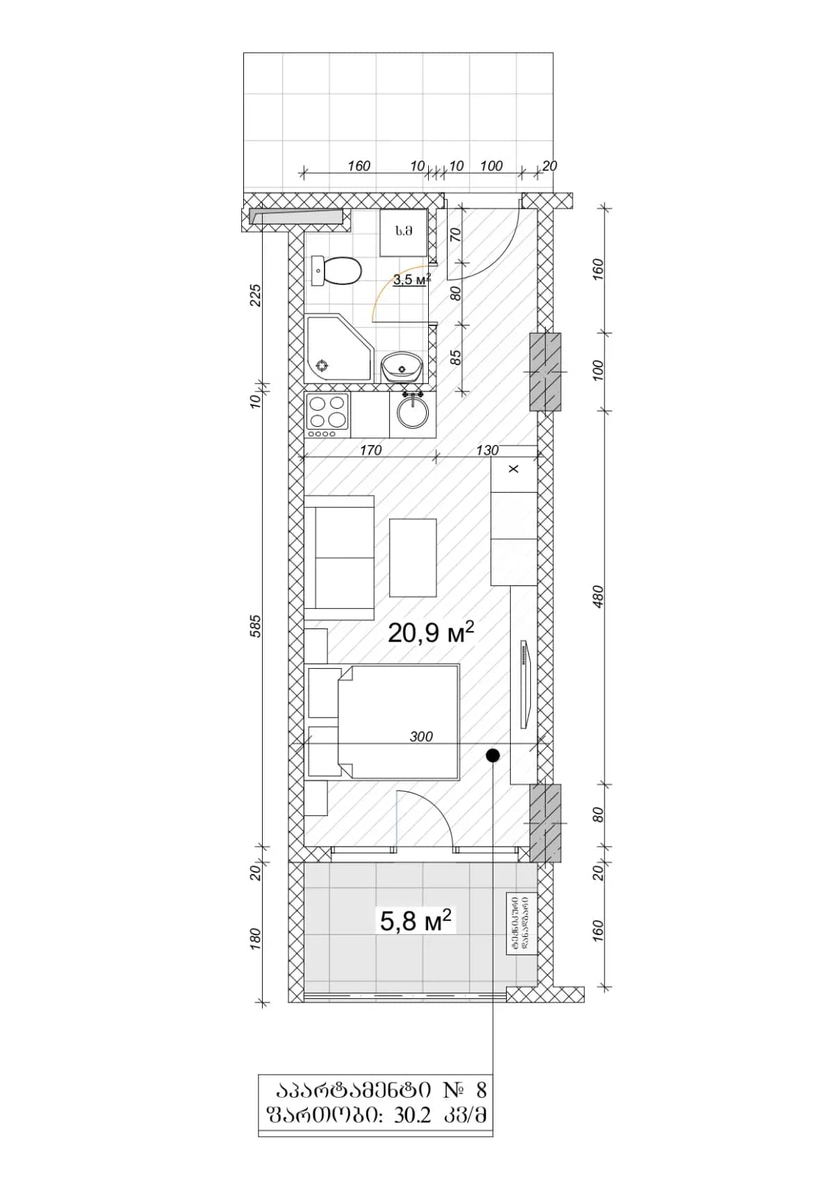 Studio, 30.2 m², Floor 8