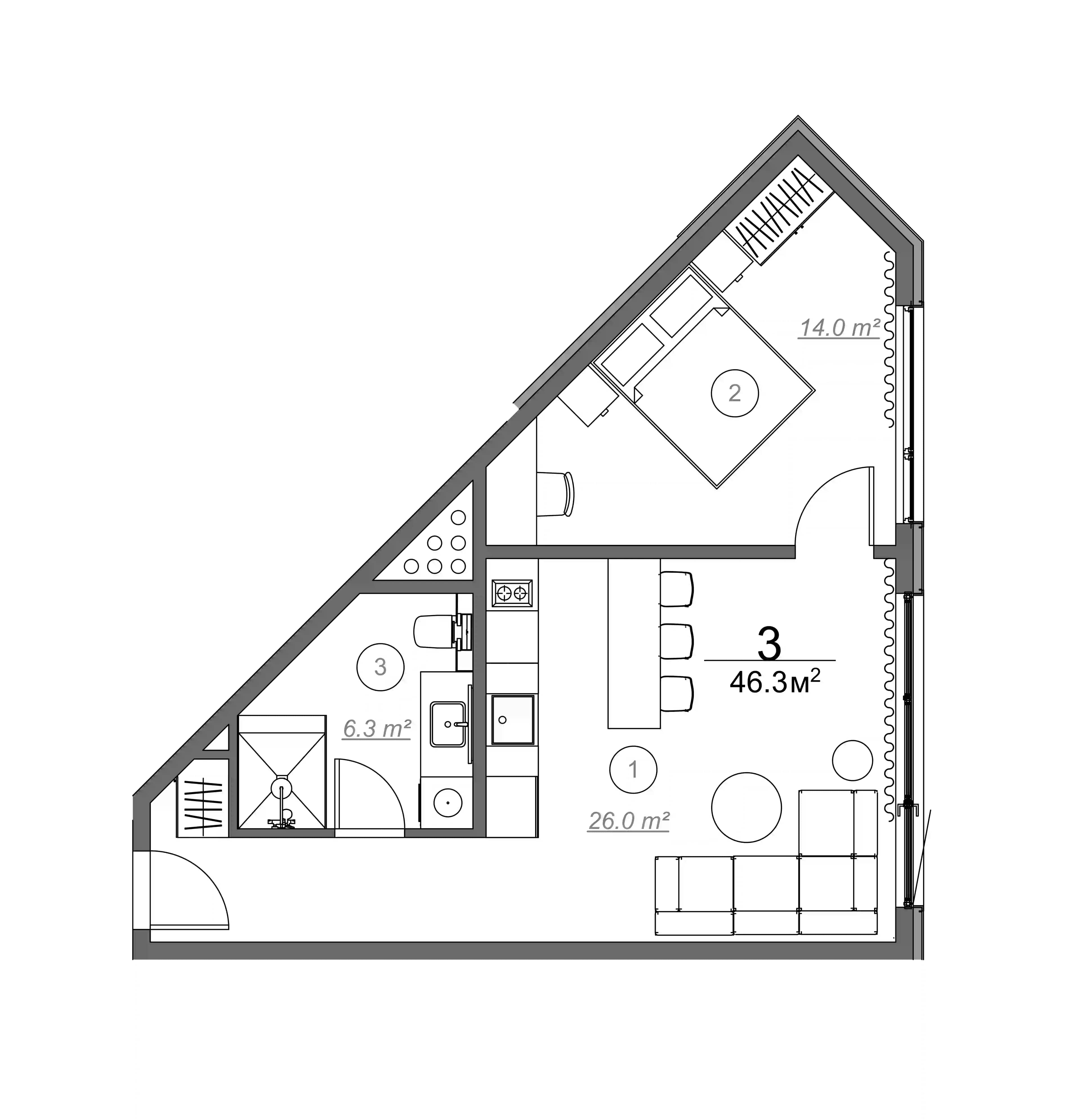 {{roomApartmentOrStudio}}, 46.3 მ², 1 სართული, Royal Residence Botanico ბათუმში
