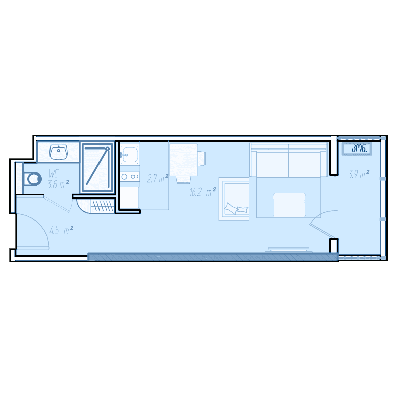 Studio, 32 m², Floor 34