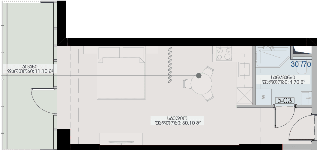 Studio, 45.9 m², Floor 19