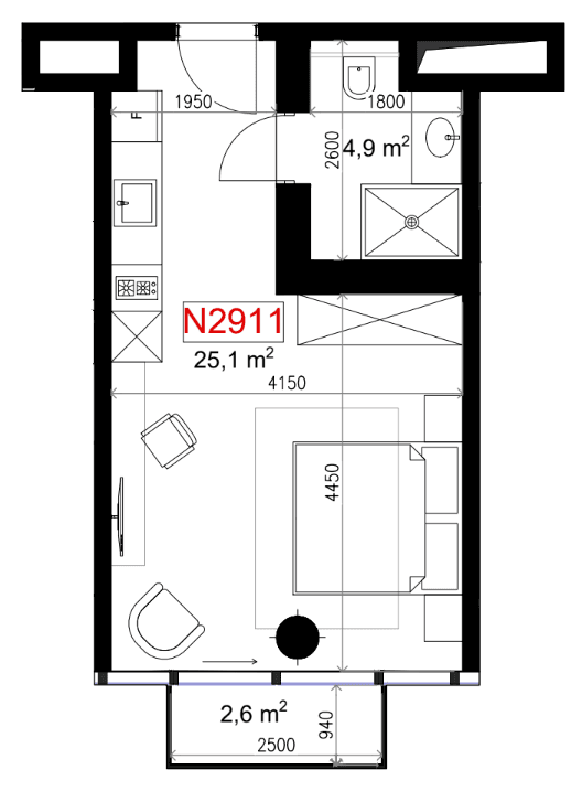 شقة بغرفة واحدة, 32.6 م²