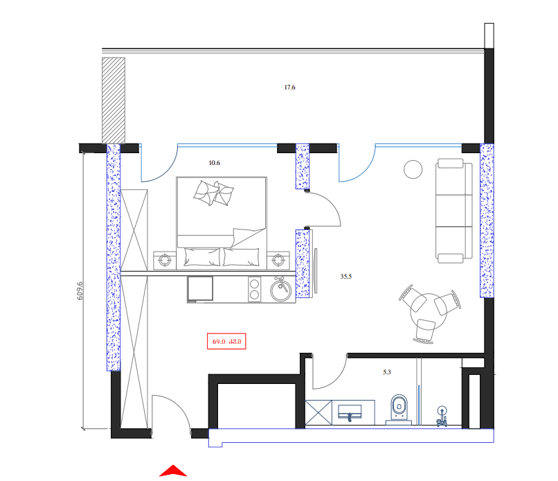 1-room, 69 m², Floor 9