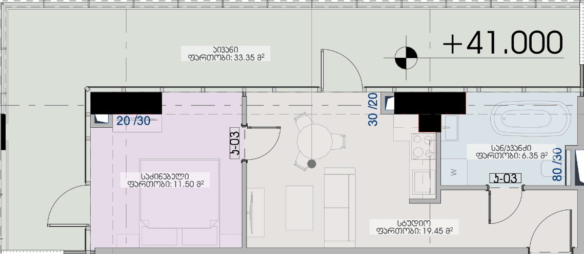 1-room, 70.7 m², Floor 22