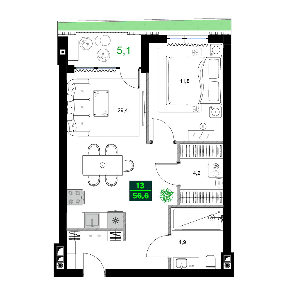 2-комн, 56.6 м², этаж 13