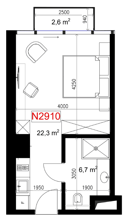 شقة بغرفة واحدة, 31.6 م²