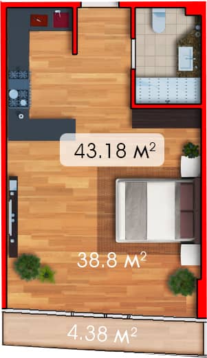 Studio, 43.2 m², Floor 11