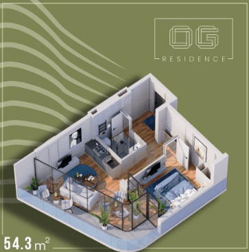 {{roomApartmentOrStudio}}, 54.3 m², 5 floor, OG Residence in Batumi
