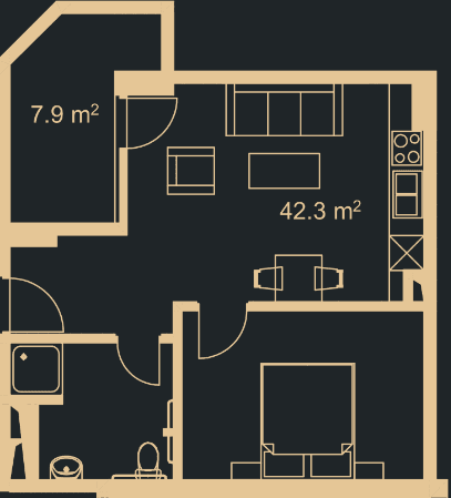 1-room, 48.8 m², Floor 19