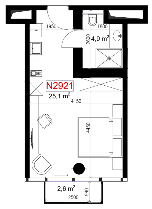 شقة بغرفة واحدة, 32.6 م²