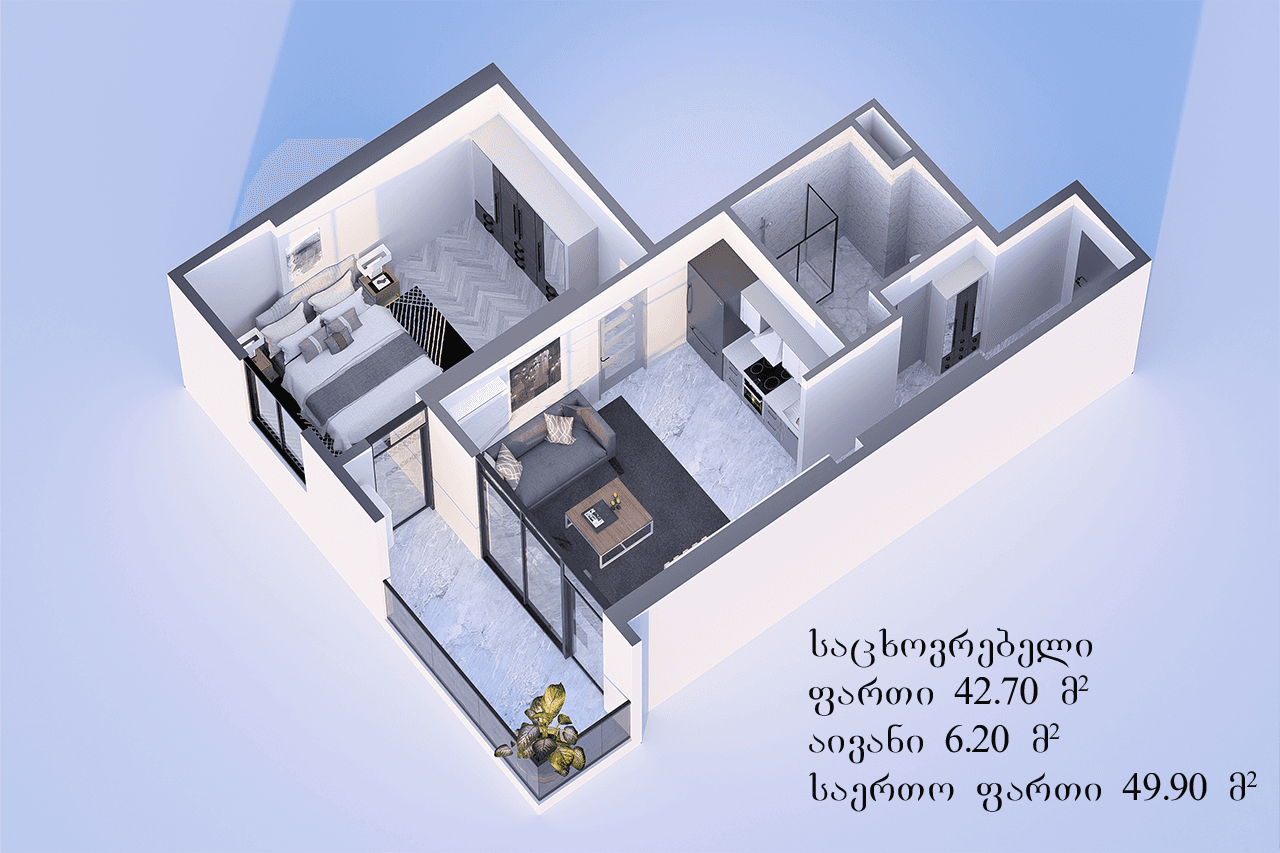 一居室, 49.9 m²