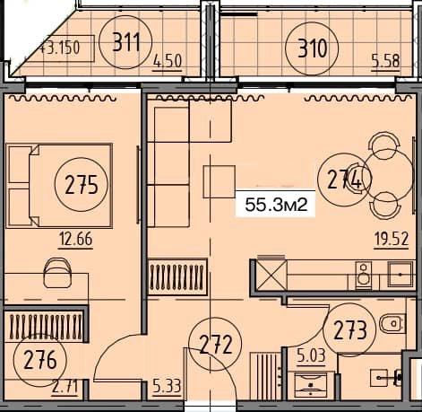 1-комн, 55.3 м², этаж 4