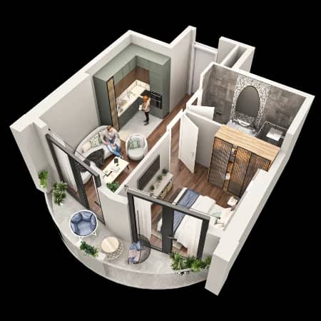 {{roomApartmentOrStudio}}, 43.1 მ², 18 სართული, Tekto Franco ბათუმში