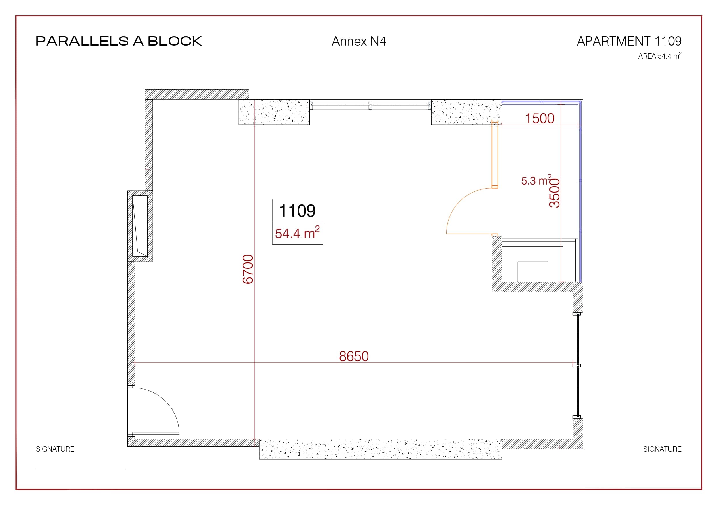 一居室, 54.4 m²