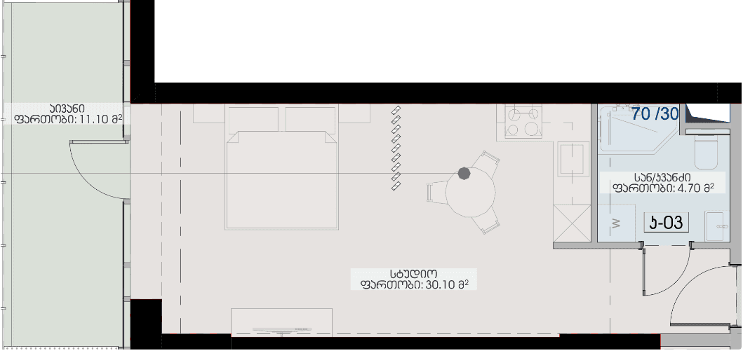 Studio, 45.9 m², Floor 29
