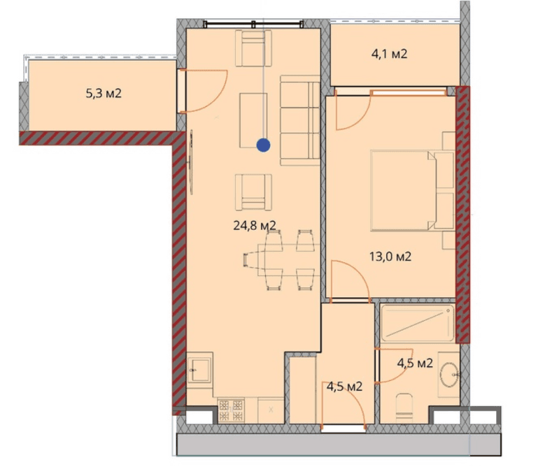 {{roomApartmentOrStudio}}, 57.5 მ², 16 სართული, OKTO Art House ბათუმში