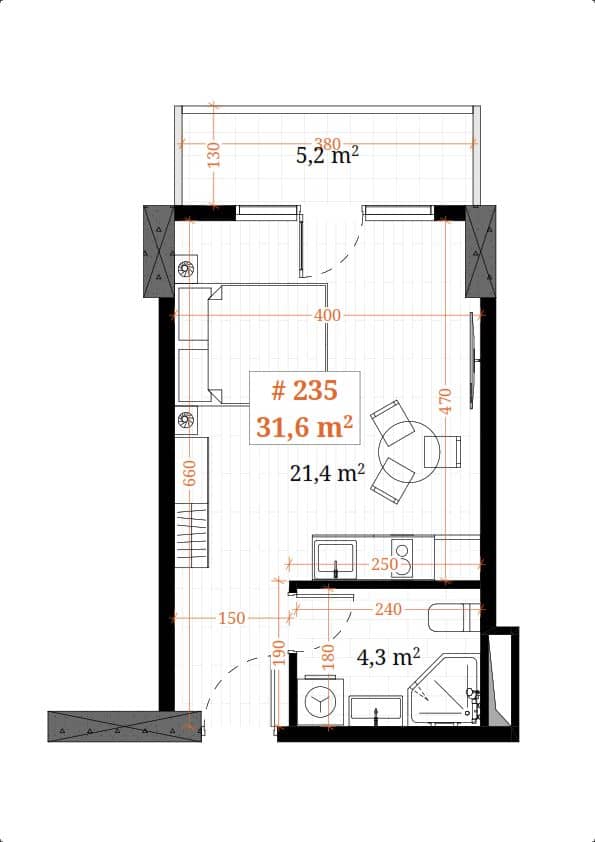 Studio, 31.6 m², Floor 16