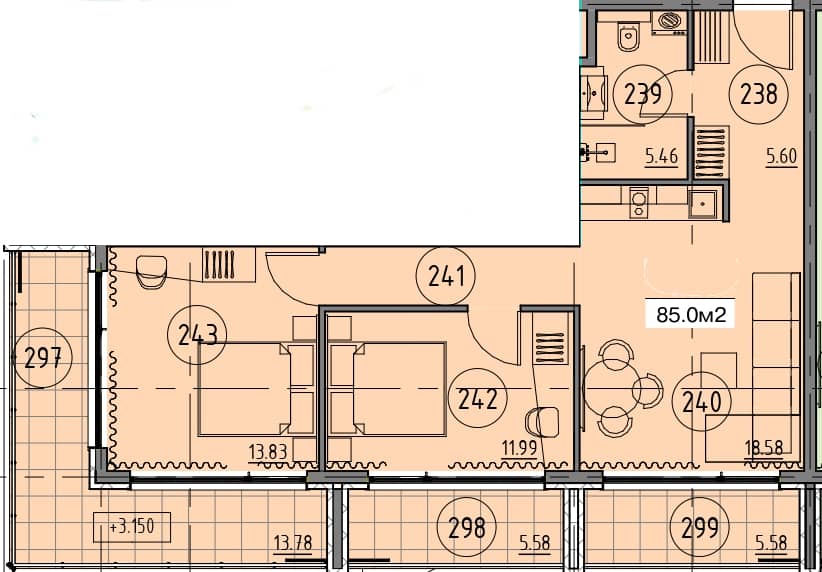 2-room, 85 m², Floor 5