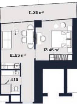 1-room, 52.5 m²