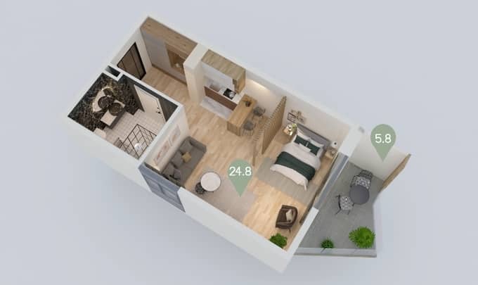 {{roomApartmentOrStudio}}, 30.6 მ², 2 სართული, Max Holding Gonio ბათუმში