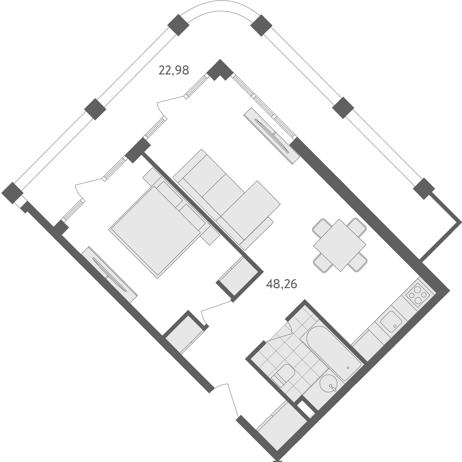 شقة بغرفة واحدة, 71.2 م²
