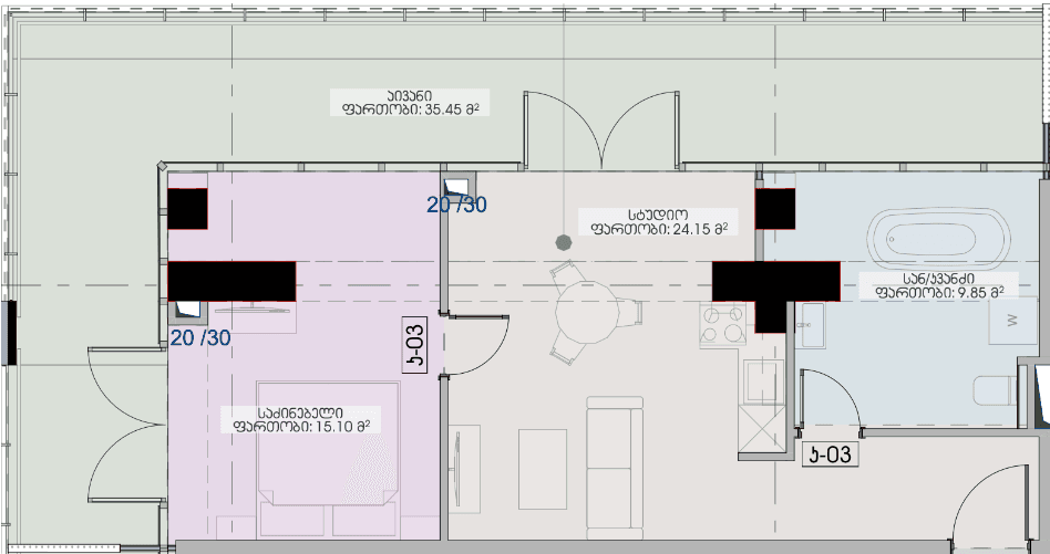1-ოთახიანი, 84.5 მ², სართული 9