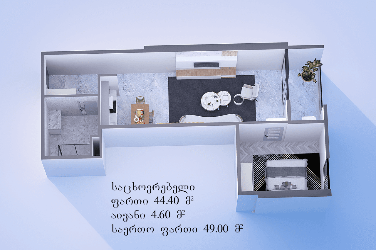 1-ოთახიანი, 38.9 მ²