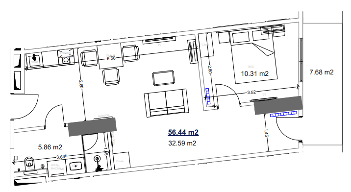 1-room, 56.4 m²